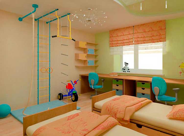 комната ребенка, кровати и шведская стенка